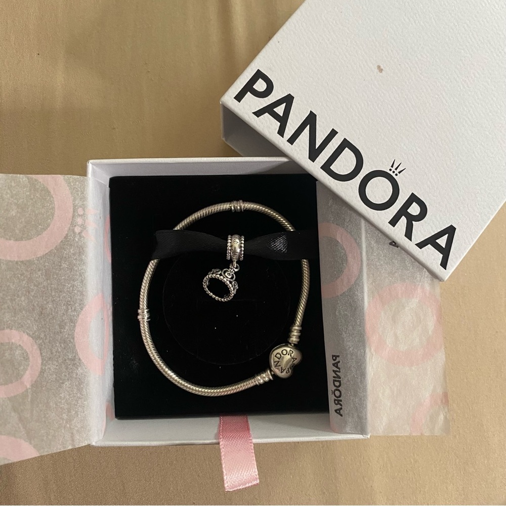 Pandora Sterling Snake Chain Bracelet, Tiara Crown Dangle Charm